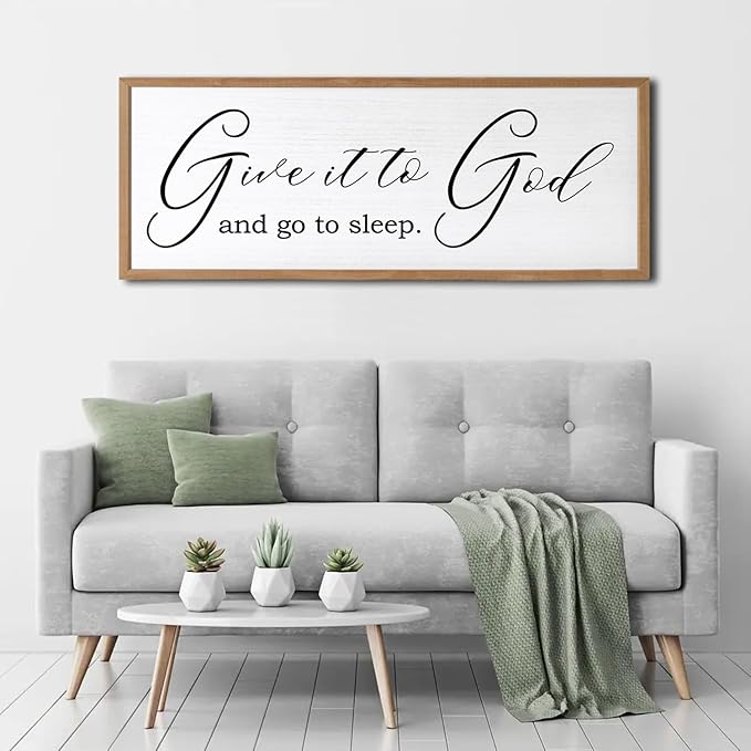 Give It To God And Go To Sleep Sign Wall Decor 40x15 Inch Large Farmhouse Master Bedroom Above Bed Hanging Wall Art Rustic Guest Room Wood Framed Over Bed Wall Decoration (Wood White)