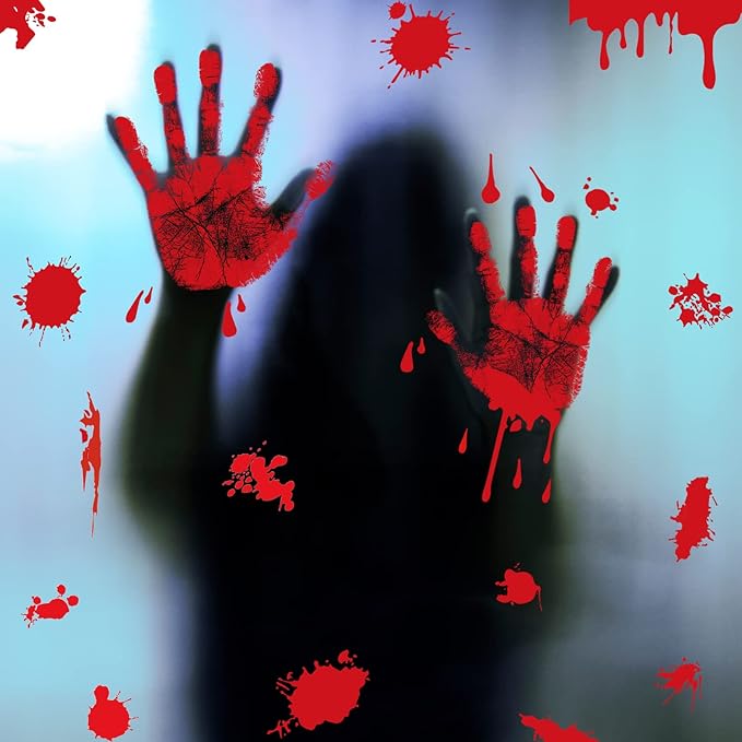 KUUQA 4 Pcs Bloody Handprint Clings Horror PVC Stickers Decals for Halloween Decorations