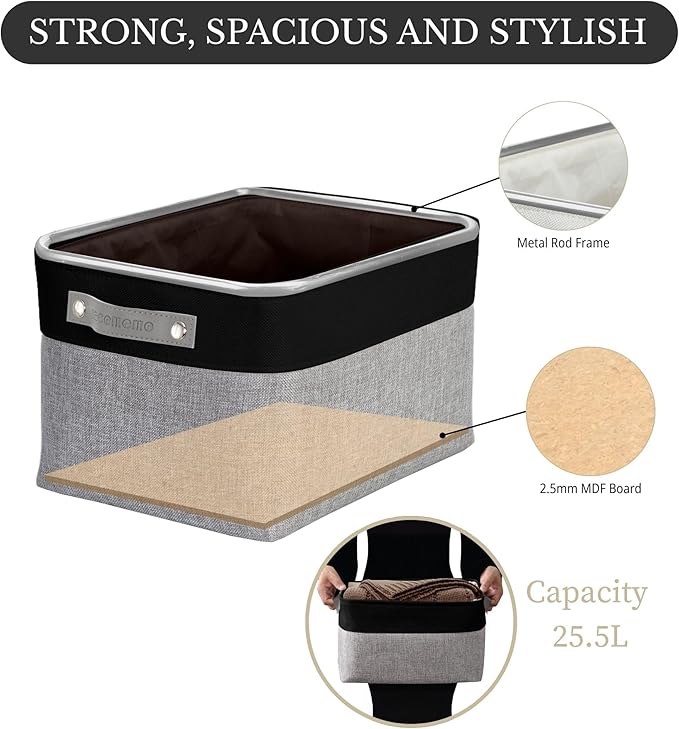 DECOMOMO Storage Baskets for Shelves - Fabric Closet Organizers and Storage Bins, Perfect Baskets for Organizing Closet Toys Nursery (Grey and Black, Large - 3 Pack)