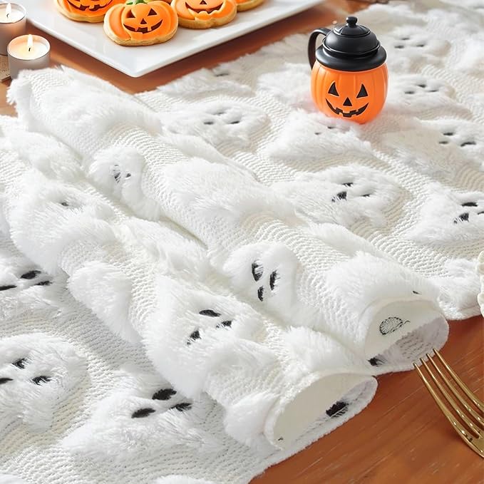 Halloween Table Runner Ghost Soft Plush Faux Fur Halloween Table Runner Hallowee Home Decor, Holiday Kitchen Dining Table Decoration for Home Party Decor 13x72 Inch