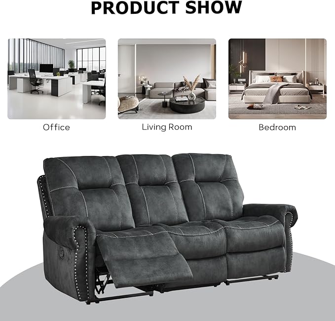EBELLO Manual Recliner 3 Seat Sofa Couch, Soft Fabric 3 Seater Reclining Couch Chair, Vintage Rivet Mid-Century Design Furniture for Living Room, Meeting Room, Grey