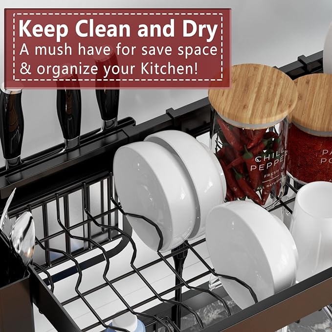 VNKZI Over Sink Dish Drying Rack, 2 Tier Full Stainless Steel Storage Adjustable Length (25.98'' to 36.61'') Kitchen Rack, Multifunctional Expandable Counter Organizer, Space Saver Dish Rack