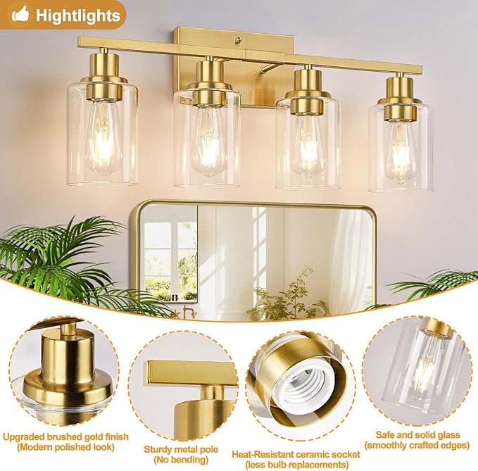 4-Light Vanity Lights with Clear Glass Shades, Brushed Gold Bathroom Light Fixtures Over Mirror, Modern Bathroom Wall Lamp for Mirror Living Room Cabinet Bedroom Porch