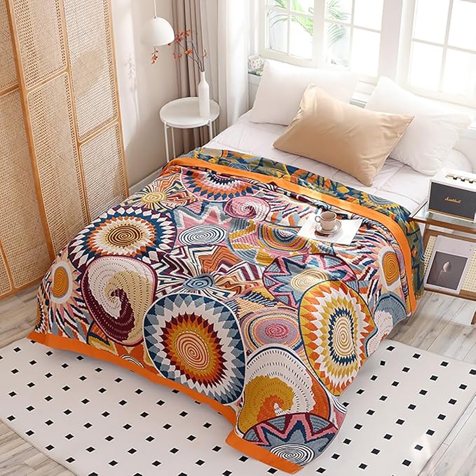 Boho 100% Cotton Muslin Blanket 4-Layer Gauze 80 x 90 Inches Summer Cooling Blanket Floral Decor Soft Cozy for Sofa Bed Coverlet Both Sides (Boho Stars, 80 x 90 in)