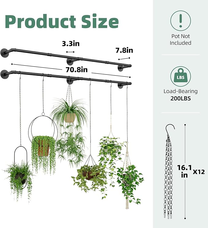Plant Hanger Indoor with 12 Hanging Chains Hanging Planters for Indoor Plants Hanging Plant Holder Window Plant Rod Black Metal Shelves 70.8 Inch 2PCS Pot not Included