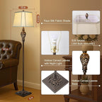Vintage Floor Lamp with Night Light, 65" Retro Standing Lamp with Brown Finish and Beige Faux Silk Shade, Farmhouse Industrial Design Tall Lamp for Living Room Bedroom Bedside Corner (Bulb Included)