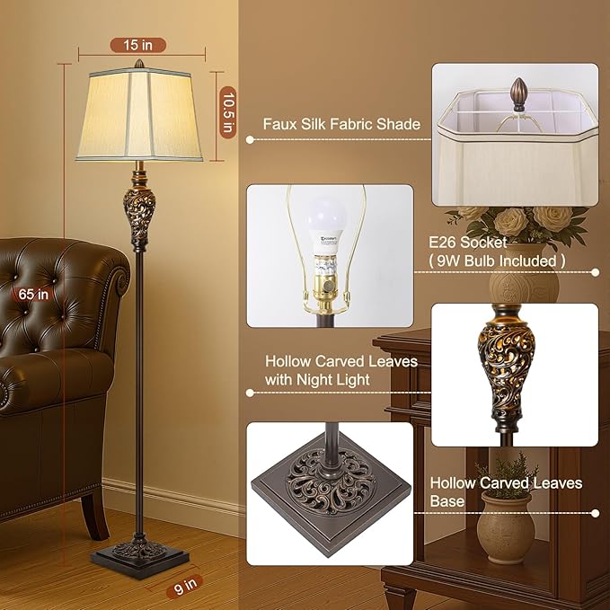 Vintage Floor Lamp with Night Light, 65" Retro Standing Lamp with Brown Finish and Beige Faux Silk Shade, Farmhouse Industrial Design Tall Lamp for Living Room Bedroom Bedside Corner (Bulb Included)