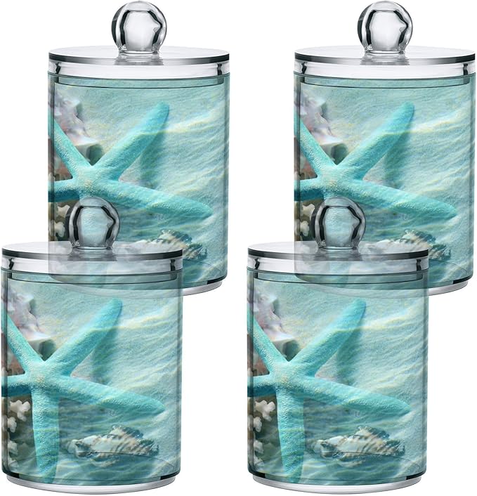2 Pack Qtip Holder Organizer Dispenser Seashell Starfish Summer Beach Bathroom Storage Canister Cotton Ball Holder Container for Cotton Swabs/Pads/Floss