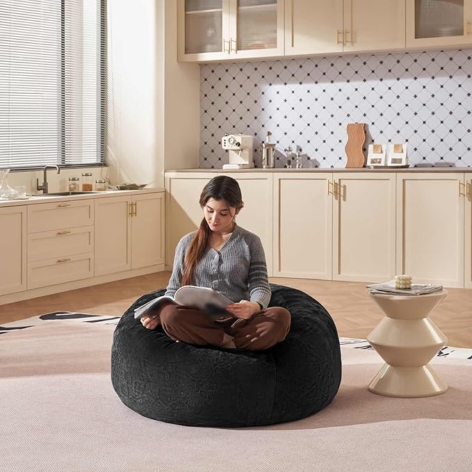 Bean Bag Chair 3Ft, Memory Foam Filled, Large Beanbag Chairs for Adults and Teens, Soft Sofa with Removable Flannel Cover, Round Couch for Living Room Bedroom College Dorm (Black, 3FT-36×36"×24")