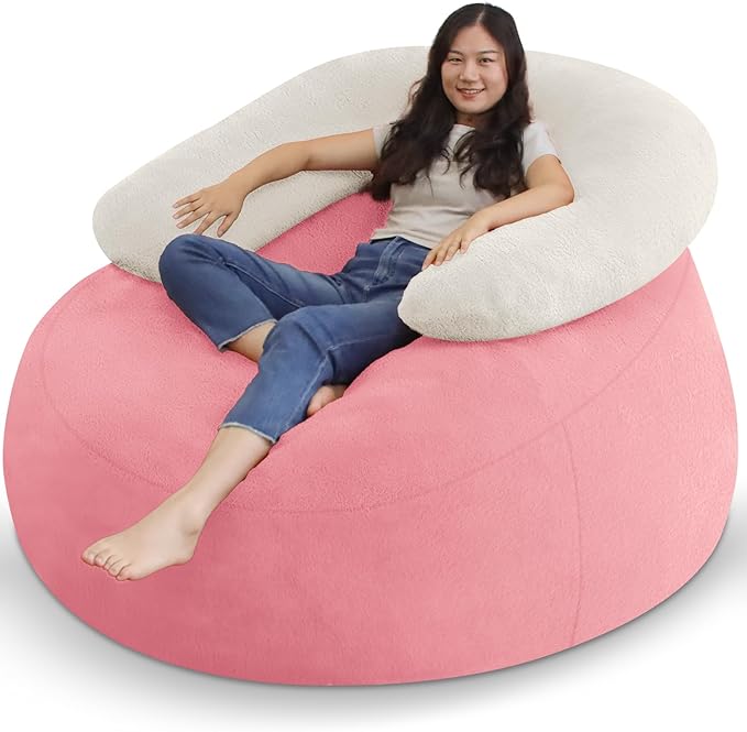 HABUTWAY Bean Bag Chair with U-Shaped Pillow for Adult and Kids Big BeanBag Chair with Filling Ultra Soft Teddy Fleece Couch Chair with Washable Cover for Living Room Bedroom Office, Beige-Light Pink