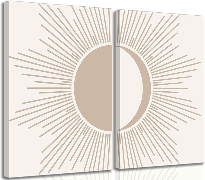 2Pcs Minimalism Boho Canvas Wall art Mid Century Modern Beige and White Sun and Moon Geometric Abstract Painting Pictures Wall Decor Posters Print Artwork for Bedroom Living Room Decoration