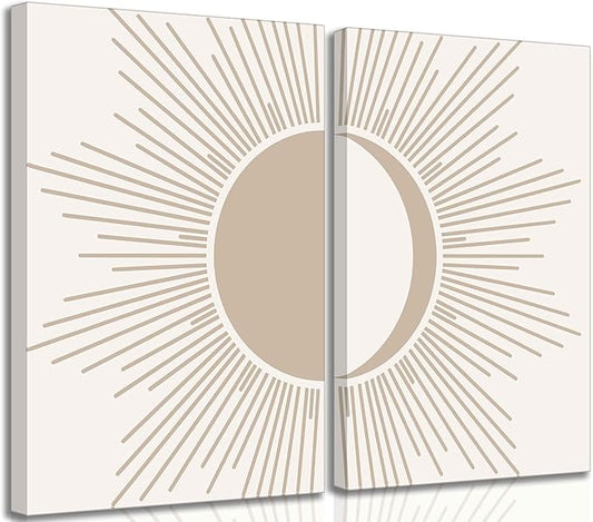 2Pcs Minimalism Boho Canvas Wall art Mid Century Modern Beige and White Sun and Moon Geometric Abstract Painting Pictures Wall Decor Posters Print Artwork for Bedroom Living Room Decoration