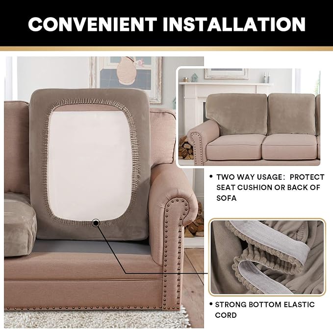PrinceDeco Velvet Couch Cushion Cover Soft Stretch Cushion Slipcover for Chair Loveseat Sofa Cushion Furniture Protector Seat Cushion Sofa Cover (2 Piece Large Sofa Cushion Covers, Taupe)
