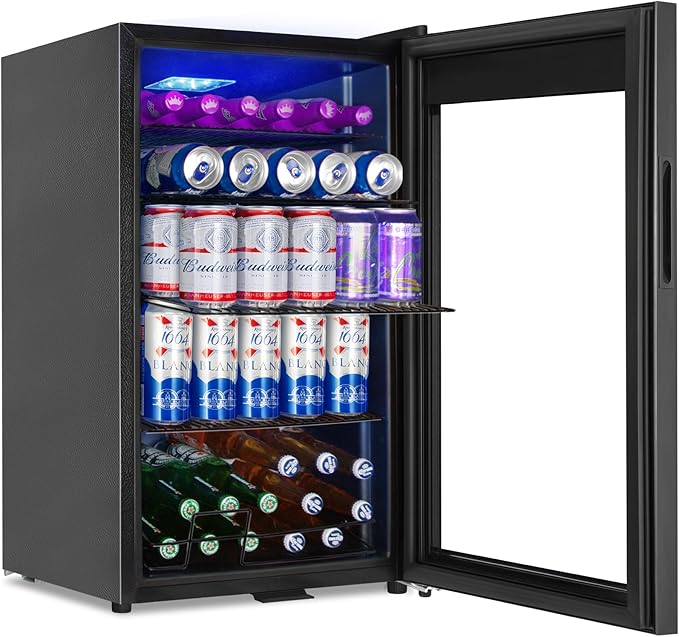 Beverage Refrigerator Cooler, 128 Cans 3.2 Cu.Ft Mini Fridge Glass Door for Drink Beer Soda Wine, Small Fridge with 4 Adjustable Removable Shelves for Kitchen, Bedroom, Office, Bar, Gaming Room, Black
