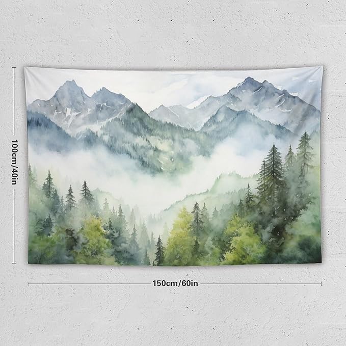 HZOHNAGO Mountain Tapestry Misty Green Forest Mountain Pattern Printed Wall Tapestry Wall Hanging for Bedroom Living Room Dorm 60" W x 40" H