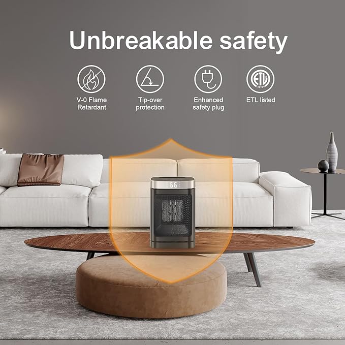 Small Portable Space Heater for Indoor Use - with 70°Rotating Feature, JIBUFI 1500W PTC Electric Heater, Rapid and Safe Heating, Remote Control, 1-12 Hr Timer for Bedroom, Office
