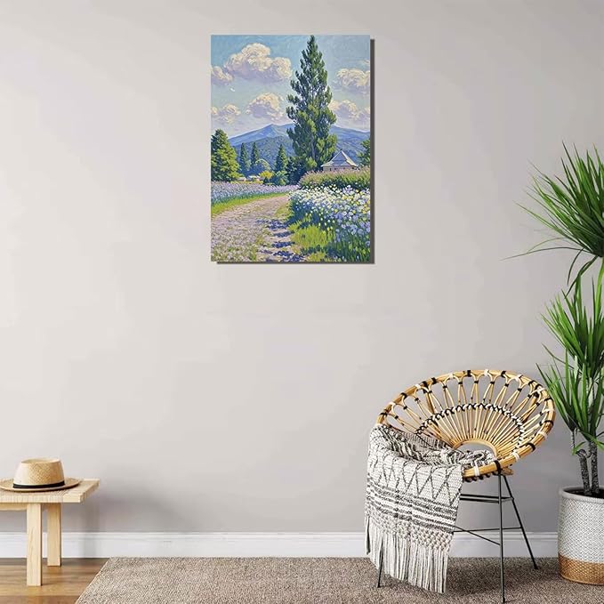 Countryside wildflowers landscape canvas poster natural plant flower artwork retro pastoral flower path suitable for farmhouse decoration