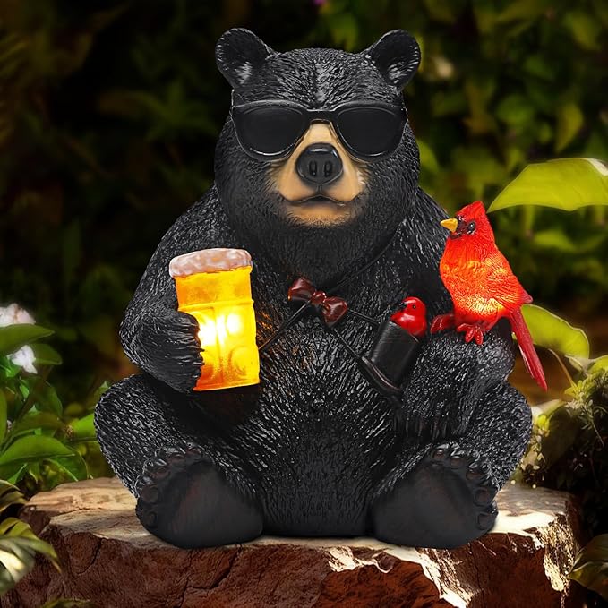 Solar Black Bear Statue for Garden with Beer and Cardinals 6.3" Resin Garden Statues for Outside Yard Paito Porch Decor Birthday Gardening Gifts for Women Mother Sister Grandmother Wife