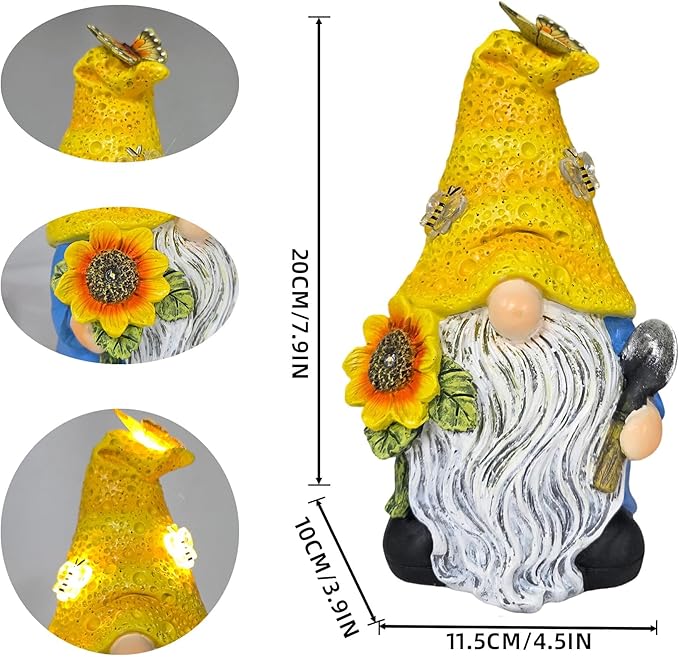 Garden Gnomes Outdoor Decor Solar Gnomes Statues with Butterfly Bee Sunflower Led Lighted Dwarf Outside Decorations for Yard Patio Lawn Ornaments Gifts for Women Mom