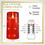NURADA Flickering Flameless Candles: Built-in Star String Lights Battery Operated LED Pillar Candles with Remote and Timer Romantic Decorations for Wedding Party Christmas Halloween - Red 2 Pack