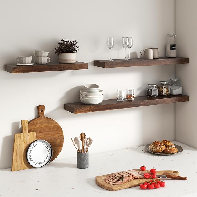 Floating Shelves for Wall, USA-Sourced Walnut Wood 24 Inch Wall Shelves Set of 2, Natural Wooden Wall Mounted Picture Ledge Shelf, Nursery Book Storage Shelf Kids Bookshelf, Display Shelf for Bathroom