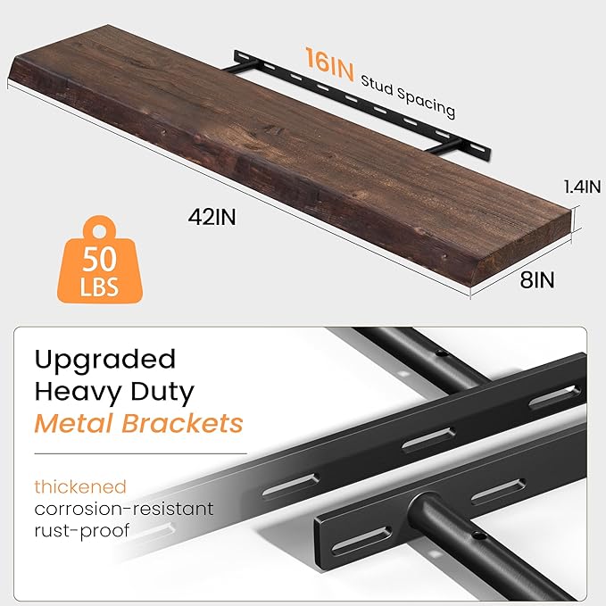 Fun Memories Solid Elm Wood Floating Shelves, 42 Inch Floating Shelves for Wall, Wall-Mounted Live Edge Wooden Shelves with Invisible Heavy-Duty Brackets for Books, Bathroom, Kitchen, Walunt Finish