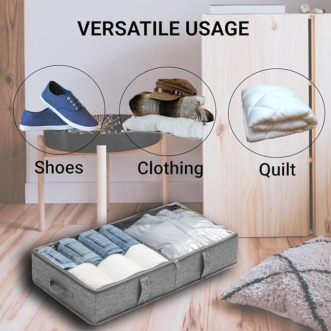 2 Packs Under Bed Storage Containers, Foldable Clothes Draw Organizers with Adjustable Dividers, Handles, Clear Window, Closet Storage Bins for Clothing, Shoes, Blankets