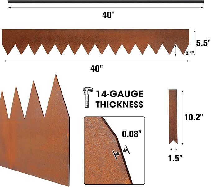Worth Garden 6-Pack Cor-Ten Steel Landscape Edging with Black Protection Strips - Rust Patina Finish 40" L x 5.5" H (20Ft Total) - Hammer-in 14-Gauge Metal Corten Lawn Yard Edging Border w/ 7 Clips