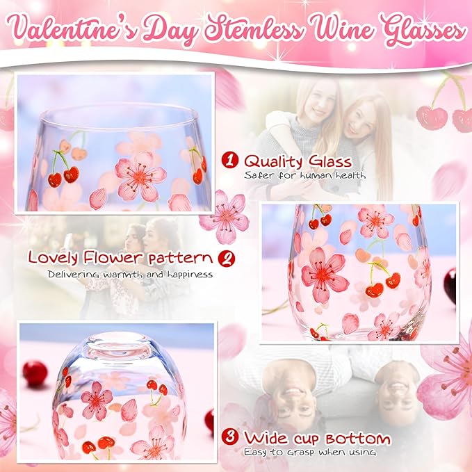 Sliner 2 Pack 17oz Cherry and Flower Stemless Wine Glasses Cherry Blossom Drinking Glasses Floral Tumbler Cups for Women Birthday Anniversary Gift Parties Supplies
