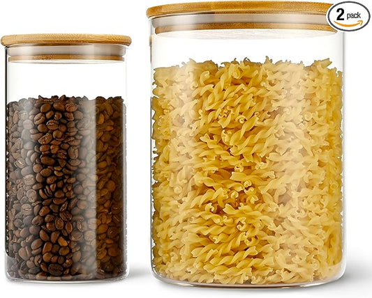 108oz 42oz Straight cylindrical Airtight Storage Jars with Bamboo Lid Set of 2 Large Storage Container Gallon Glass Jars, for Flour, Pasta and Coffee bean (with Black Lable)