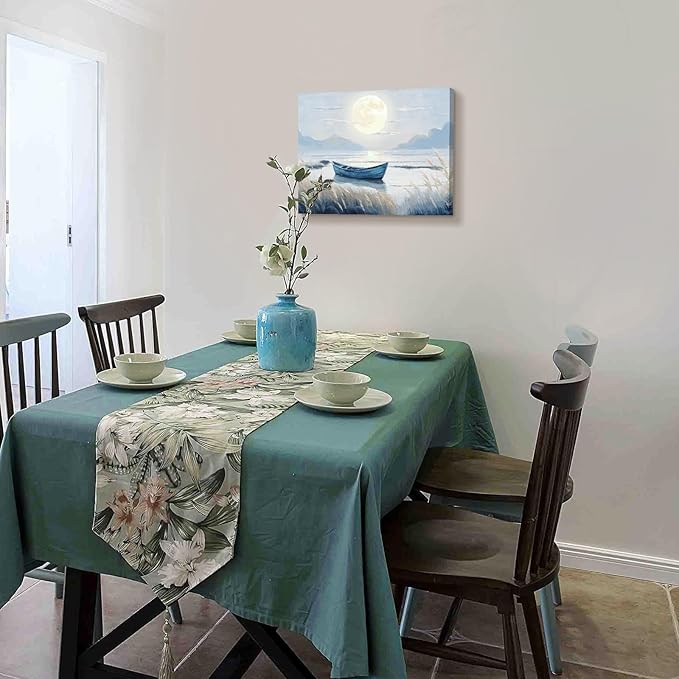 amatop Coastal Bathroom Wall Art Blue Beach Nautical Ocean Nature Canvas Picture with Boat Moon Lake Mountain Sea Relaxing Serene Landscape Gallery Wrapped Artwork for Modern Home Bedroom Decor 16x12