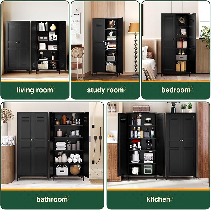 Letaya Black Storage Cabinet with Feets-Metal Home Kitchen Pantry Cabinets with Doors and Adjustable Shelves,Organization Locker for Cupboard/Bedroom/Dining/Living/Bathroom/Office/Garage Room (Black)
