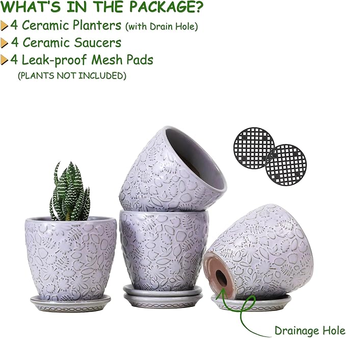 4 Inch Retro Ceramic Planter Set of 4 with Drainage Hole and Saucer for Plants, Indoor-Outdoor Small Garden Pots for Succulent, Herb and Flower (Fits Inner Pots Up to 3 Inch, Retro Purple)