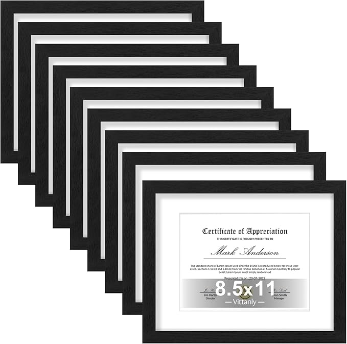 Vittanly 8.5x11 Picture Frames Set of 9, Shatter Resistant Plexiglass, Display 6x8 Pictures with Mat or 8.5x11 without Mat, Photo Frames for Wall or Tabletop, Engineered Wood, Black