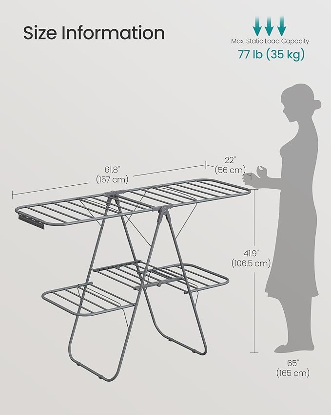 SONGMICS Clothes Drying Rack, Foldable 2-Level Laundry Drying Rack, Free-Standing Laundry Airer, with Height-Adjustable Wings, 33 Drying Rails, Sock Clips, Gray ULLR053G02V1