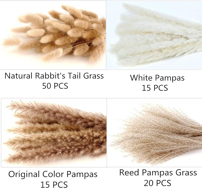 Dried Pampas Grass Decor, 100 Stems Pampas Grass Contains Bunny Tails Dried Flowers, Reed Grass Bouquet for Wedding Boho Flowers Home Table Decor, Rustic Farmhouse Party (17", White and Brown)