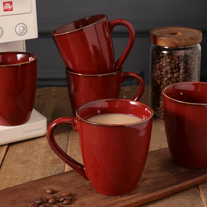 vicrays Coffee Mug Set, 12 Ounce, Set of 6, Ceramic Mug for Men, Women, Unique Glazed Mugs with Handle for Coffee, Tea, Milk, Cocoa, Cereal(Cherry Red)
