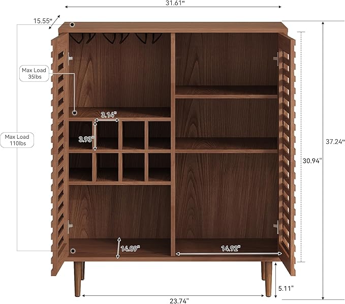 Mid Century Bar Cabinet with Wine Racks, Modern Liquor Cabinet with Slatted Doors for Dining Room, Living Room (Walnut Color)
