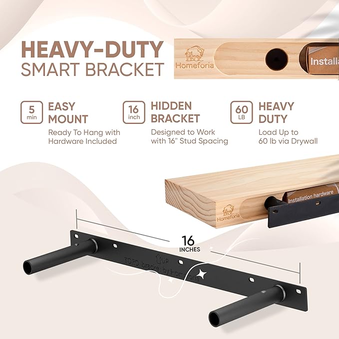 Homeforia 24 inch Wood Floating Shelves, High End Solid Natural Wood 24inch Floating Shelf for Wall, Unfinished Wooden 24 inches Floating Shelves, Heavy Duty Bracket, 24 X 6.5 X 1.75 in, Set of 3