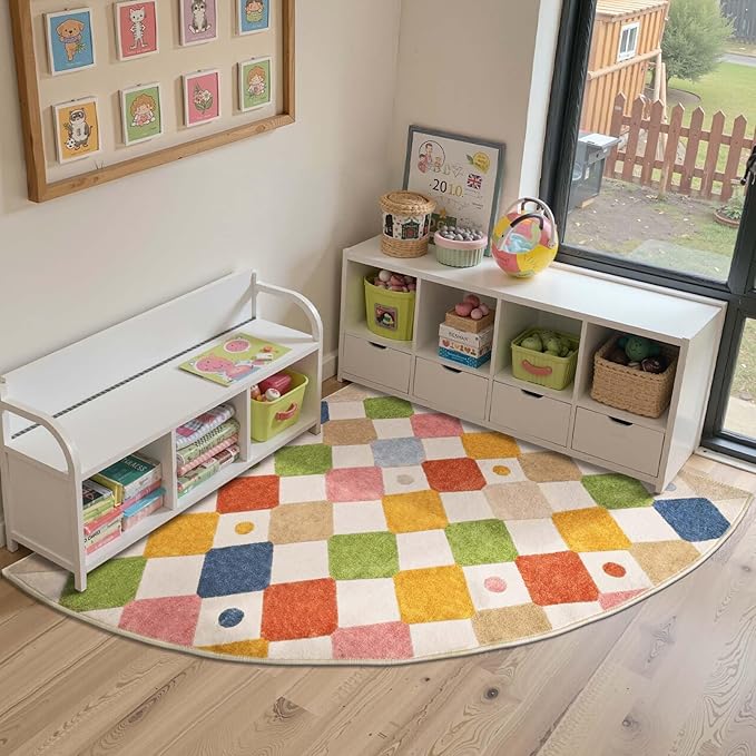 jinchan Kids Rug for Nursery 5ft Radius Corner Washable Area Rug Modern Colorful Quarter Circle Rug Soft Non-Slip Carpet for Bedroom Playroom Daycare Reading Nook Kitchen Classroom Circus on Cream