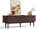 LINSY HOME Fluted TV Stand for 75" TV, Mid-Century Modern 70" Entertainment Center with Sliding Tambour Door and Storage Cabinet, Cruved TV Media Console Table for Living Room, Bedroom, Walnut