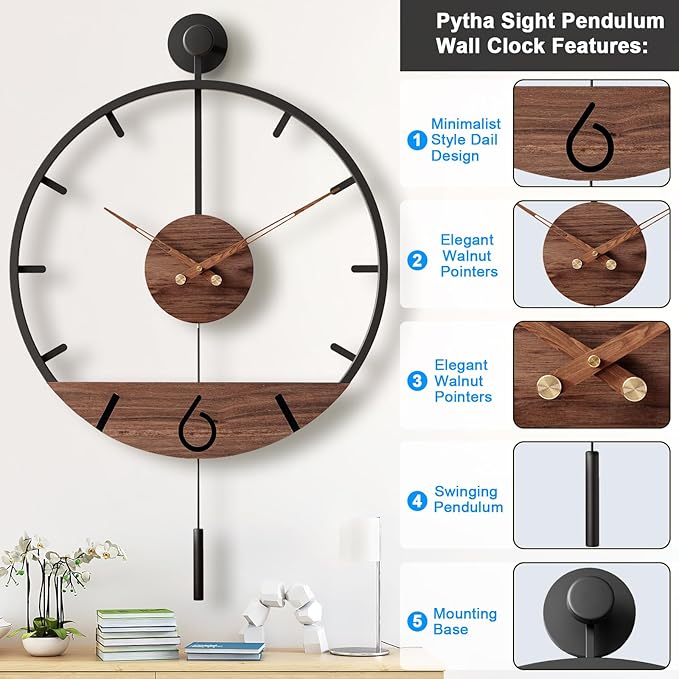 34.6×24 Inch Large Modern Decorative Pendulum Wall Clock,Big Metal Farmhouse Oversized Silent Wall Clocks Minimalist Elegant Walnut Dial Pointers for Living Room,Office,Dining Room Decor