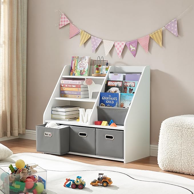 Kids Bookshelf, Kids Toy Storage Organizer with Storage Bins, Wooden Bookshelf and Book Display Shelf for Bedroom, Playroom, Nursery, Classroom, White