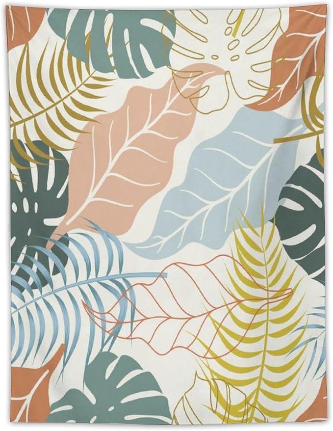 ICMOLYYENLO Boho Green Leaves Tapestry, Mid Century Abstract Tropical Palm Leaves Modern Minimalist Geometric Wall Hanging, Neutral Home Decor Art for Living Room Bedroom Dorm 60x80 Inch