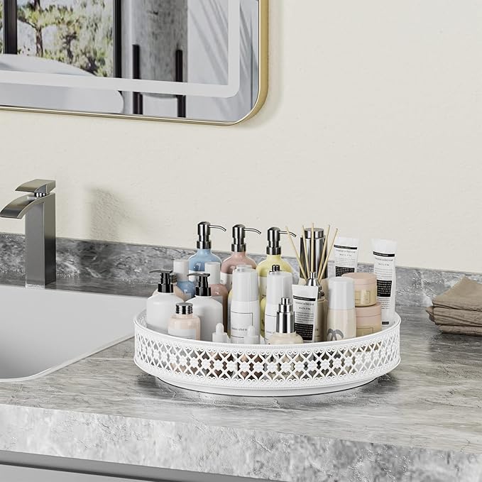 Ovicar Lazy Susan Turntable Organizer - 13 inch Rotating Spice Rack Metal Lazy Susan for Cabinet Pantry Kitchen Countertop Dining Table Cupboard Bathroom Vanity Refrigerator White
