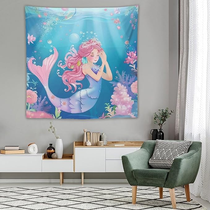 HZOHNAGO Mermaid Girls Tapestry Watercolor Flowers Mermaid Princess Blessing Pattern for Kids Room Decoration Printed Wall Tapestry Wall Hanging for Bedroom Living Room Dorm 60" W x 60" H