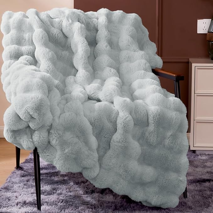 Touchat Luxury 1000GSM Faux Rabbit Fur Throw Blanket, Super Heavy Warm Cozy Grey Blankets for Couch Bed Sofa, Ruched Plush Fuzzy Elegant Soft Reversible Mink Blanket for Living Room Bedroom