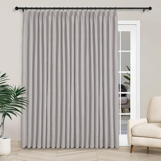 Macochico Extra Wide Full Blackout Linen Curtains for Sliding Door Browish Grey Pinch Pleated Linen Curtains 96 Inches Long for Bedroom Living Room Farmhouse with Tieback 120”Wx96”L 1 Panel