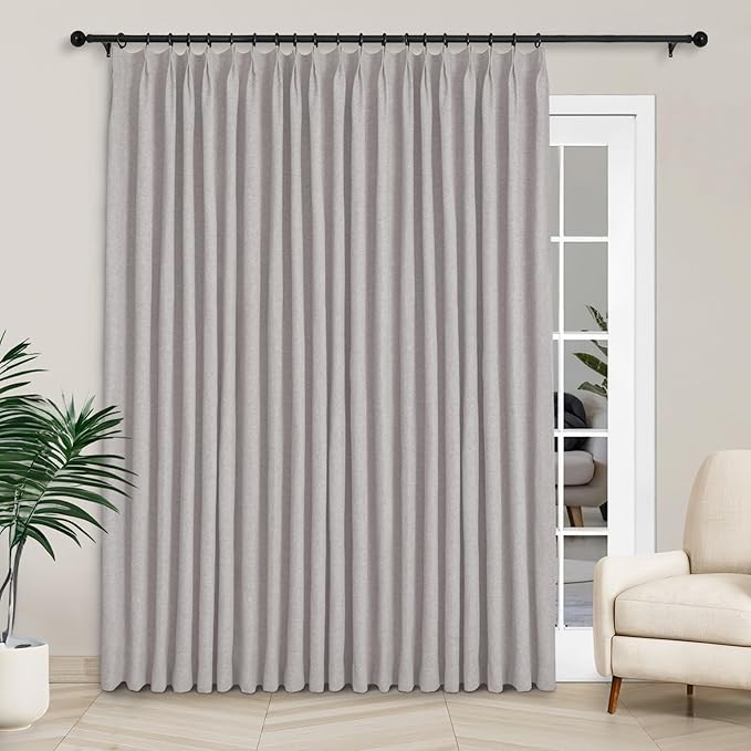 Macochico Extra Wide 100% Blackout Linen Curtains for Sliding Door Pleated Curtains with Hooks Insulated Soft Linen Drapes for Bedroom Living Room with Tieback Browish Grey 100”Wx84”L 1 Panel
