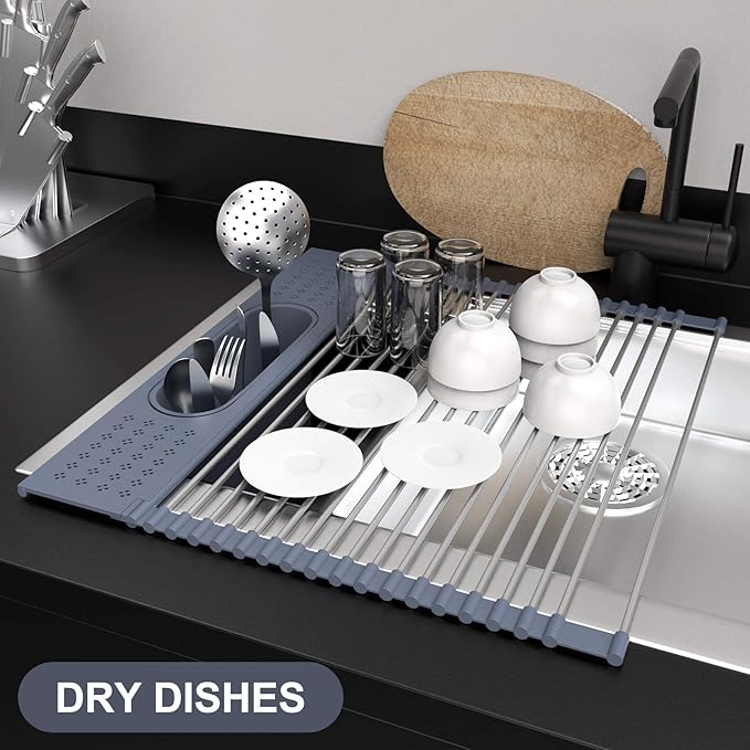 LEMIKKLE Roll Up Dish Drying Rack 17.5" x 15.2" Over The Sink Dish Drying Rack, Multi-Purpose Kitchen Rolling Dish Drainer Foldable SUS 304 Stainless Steel Dish Drying Rack